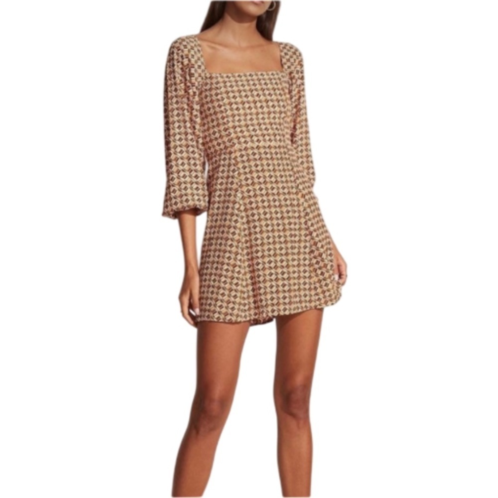 Faithfull the Brand Boyd Brown Geometric Long Sleeve Mini Dress NWT Small